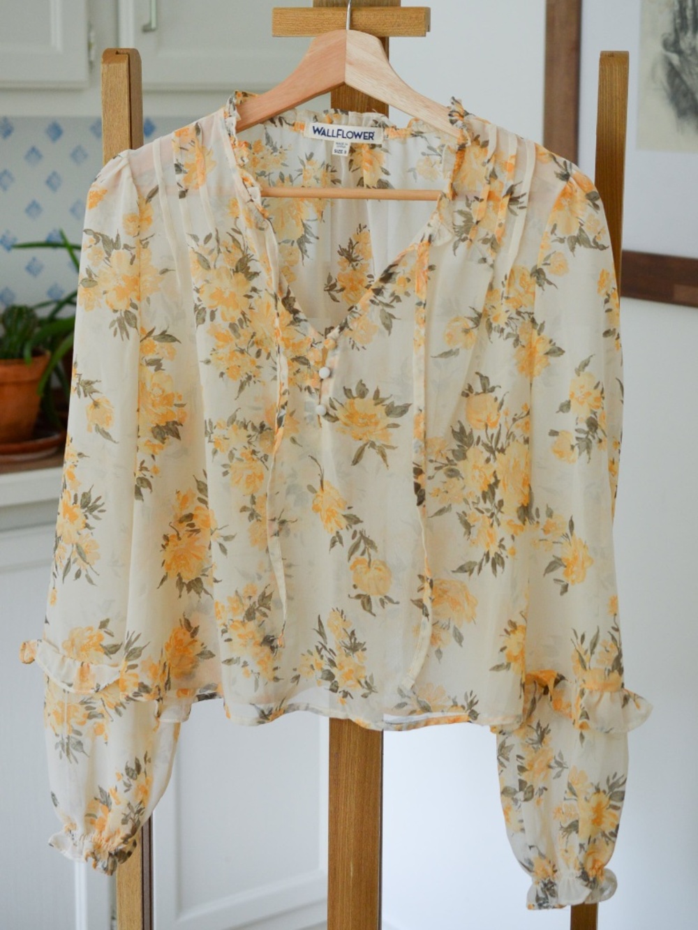 Yellow Floral Boho Chiffon Blouse Ruffle V-Neck Tie Top